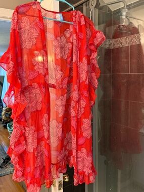 Draper James Red Floral Sheer Ruffled Swim Coverup